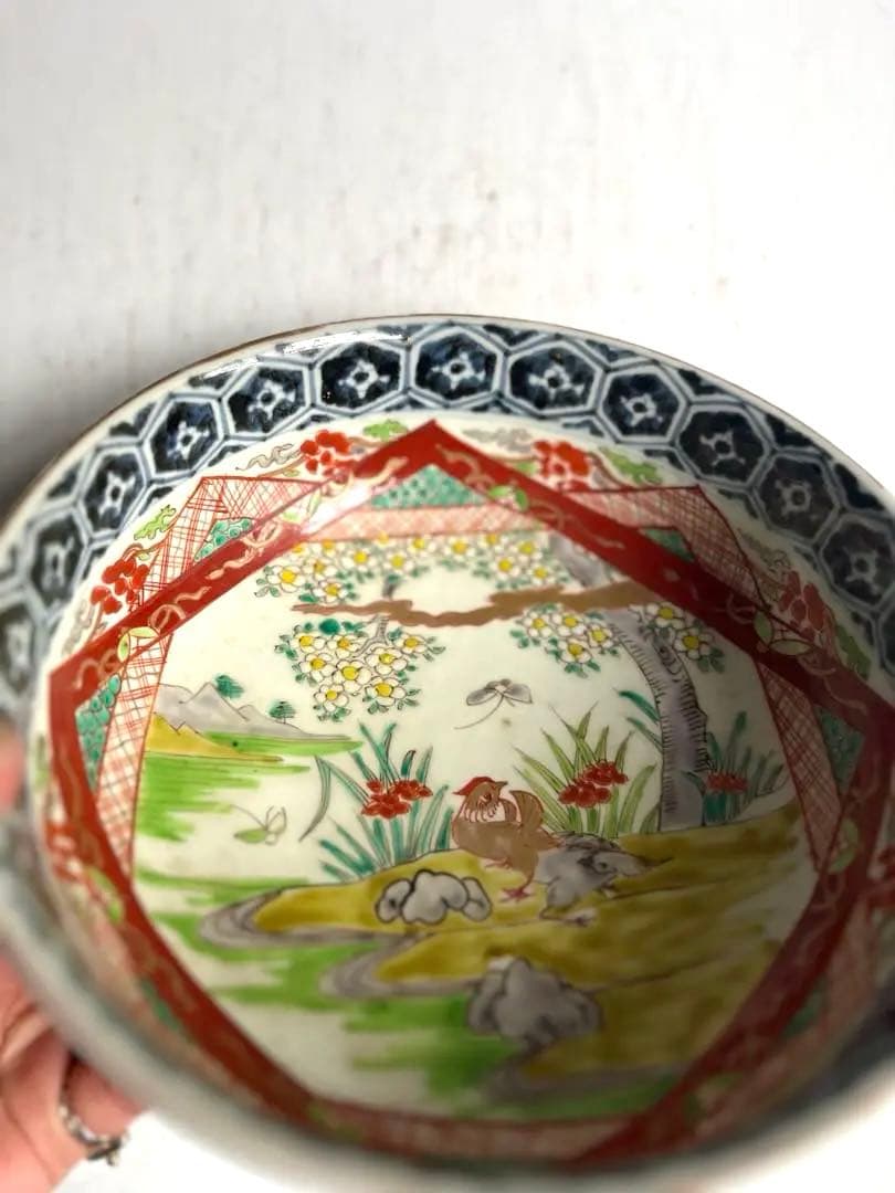 518 骨董 アンティーク 古伊万里 染付 豪華 色絵金彩花鳥図7寸鉢 幕末