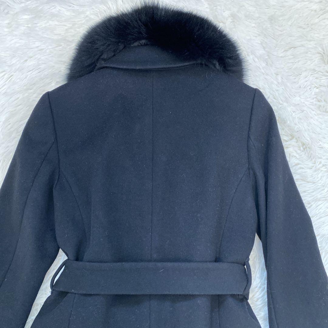 ピンキーアンドダイアン カシミヤ混 フォックスファーコート ベルト付き 黒 38