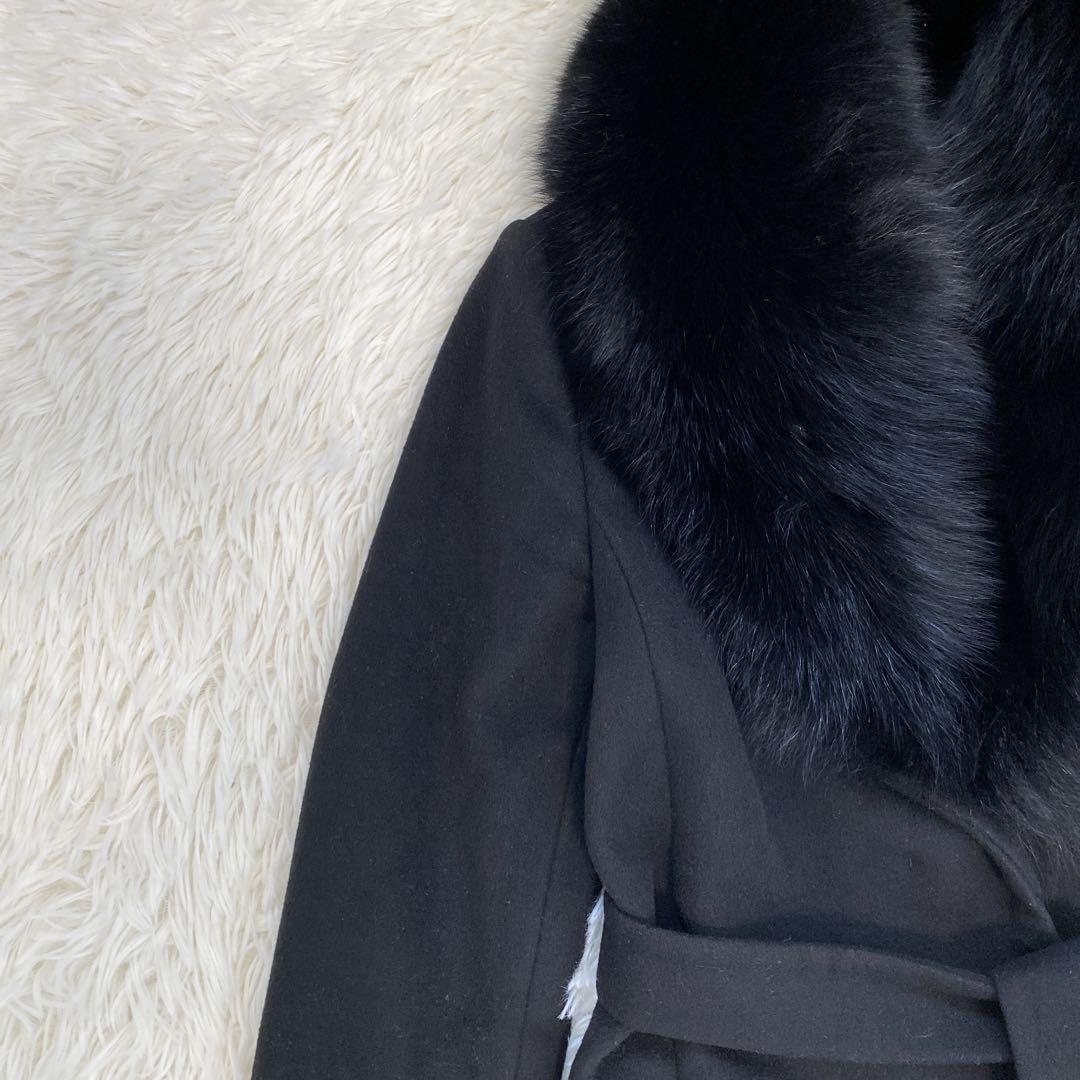 ピンキーアンドダイアン カシミヤ混 フォックスファーコート ベルト付き 黒 38