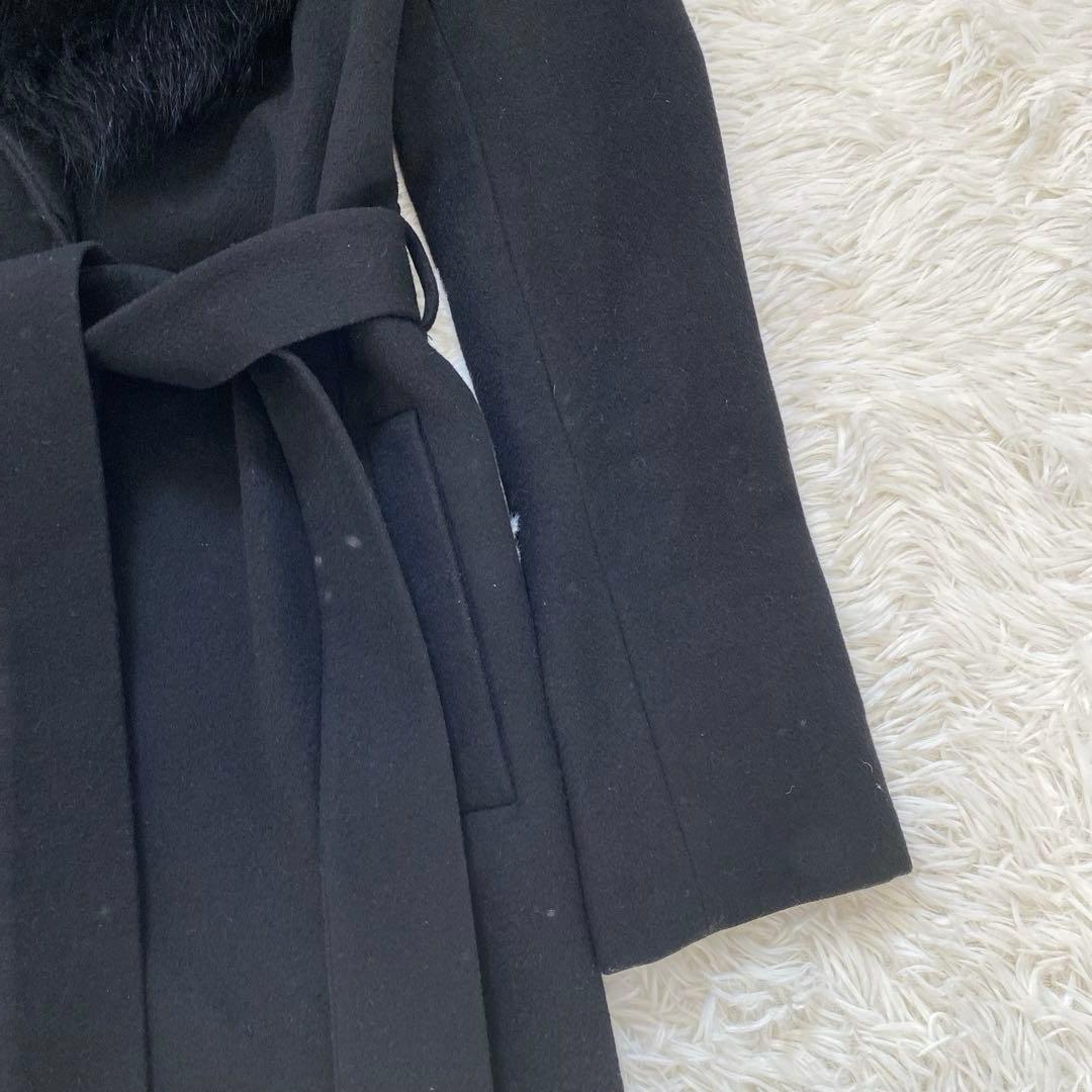 ピンキーアンドダイアン カシミヤ混 フォックスファーコート ベルト付き 黒 38