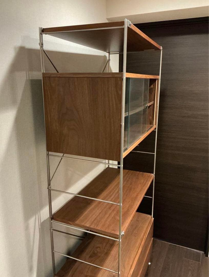 無印良品ステンレスユニットシェルフウォールナット材引き出し、ガラス戸付き