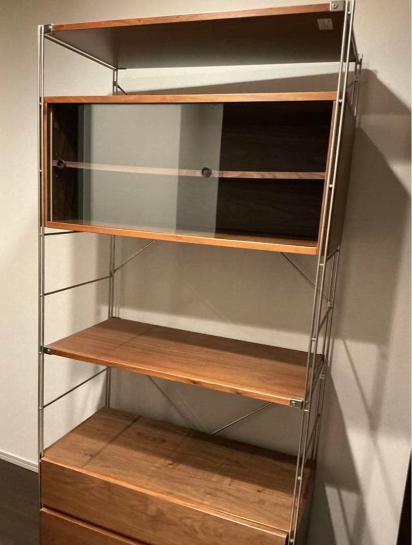無印良品ステンレスユニットシェルフウォールナット材引き出し、ガラス戸付き