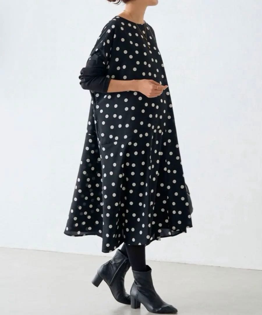 【25SS美品】BEARDSLEY ドットミディワンピース　ブラック　定価3万