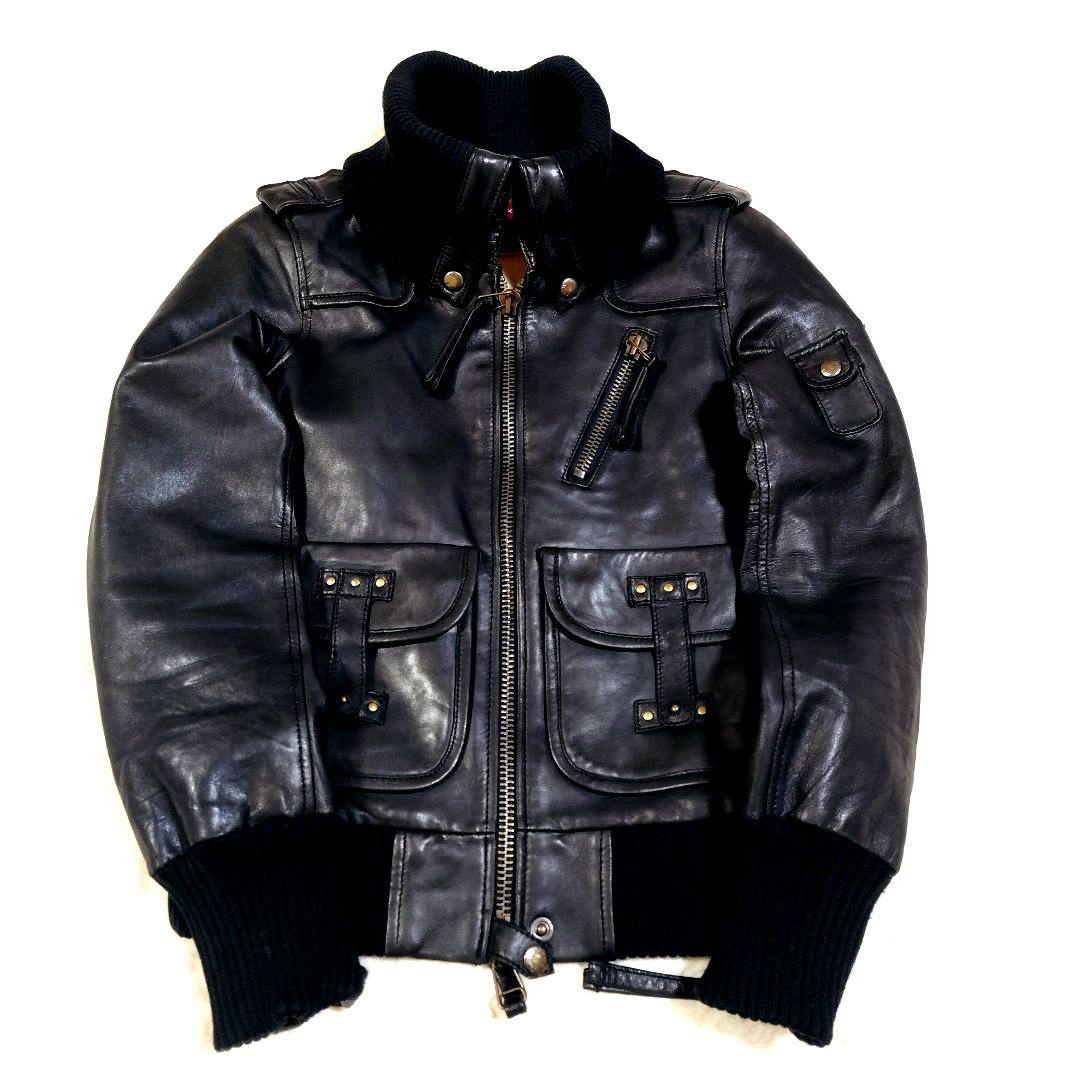 AVIREX 短丈 Y2K ラムレザー リブ ジャケット リブ袖 リブ裾 リブ襟