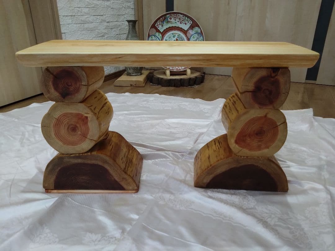 檜のベンチ(76・77)　あいこ❕丸太風の脚節無し座面をつるつる仕上げ