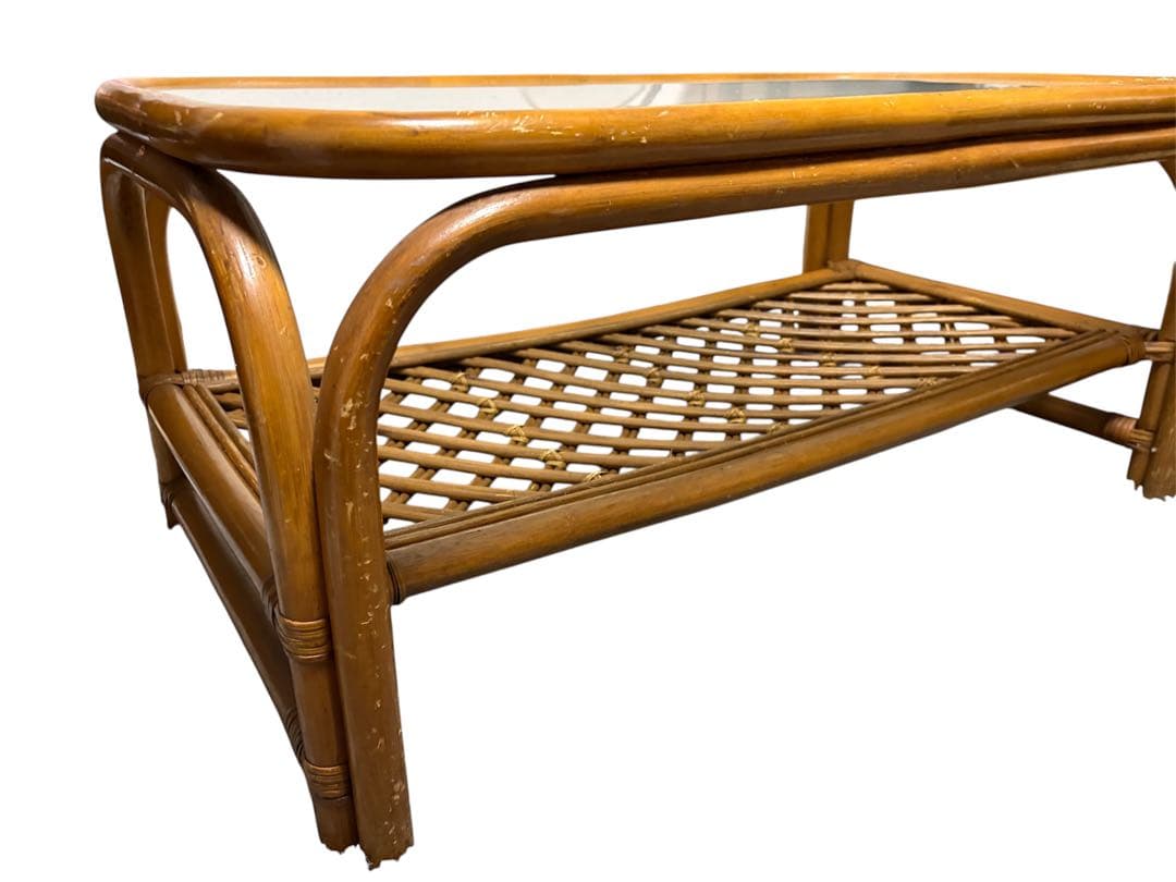 ラタン　籐　ラタンテーブル　ガラステーブル　ローテーブル　レトロ　アンティーク