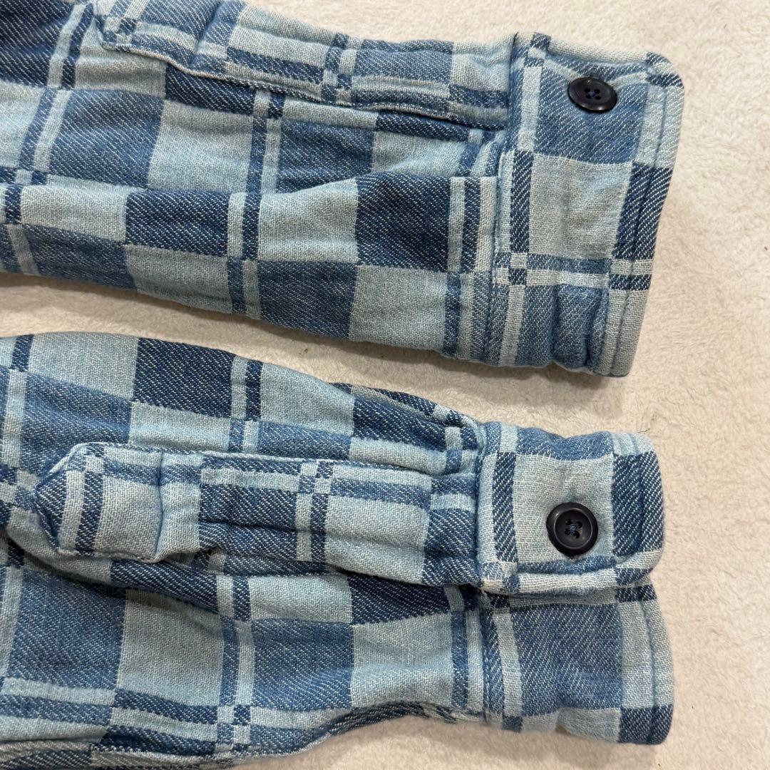 ダブルアールエル ラルフローレン 肉厚デニムシャツ チェック パッチワーク 青系