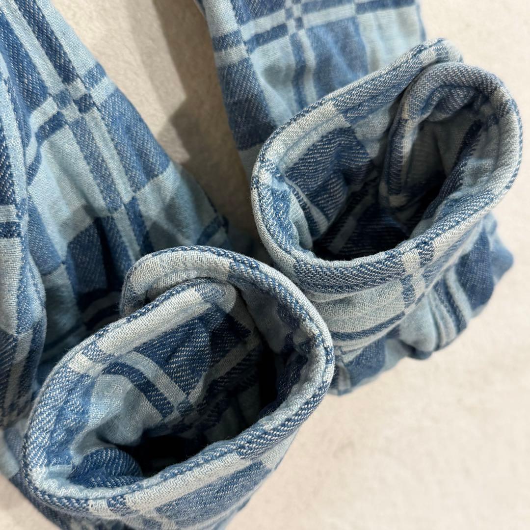 ダブルアールエル ラルフローレン 肉厚デニムシャツ チェック パッチワーク 青系