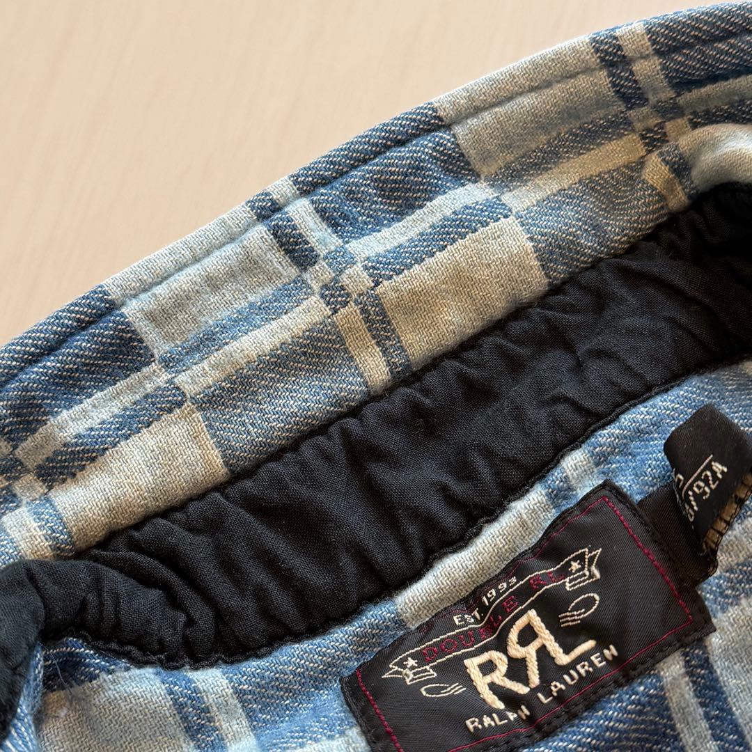 ダブルアールエル ラルフローレン 肉厚デニムシャツ チェック パッチワーク 青系