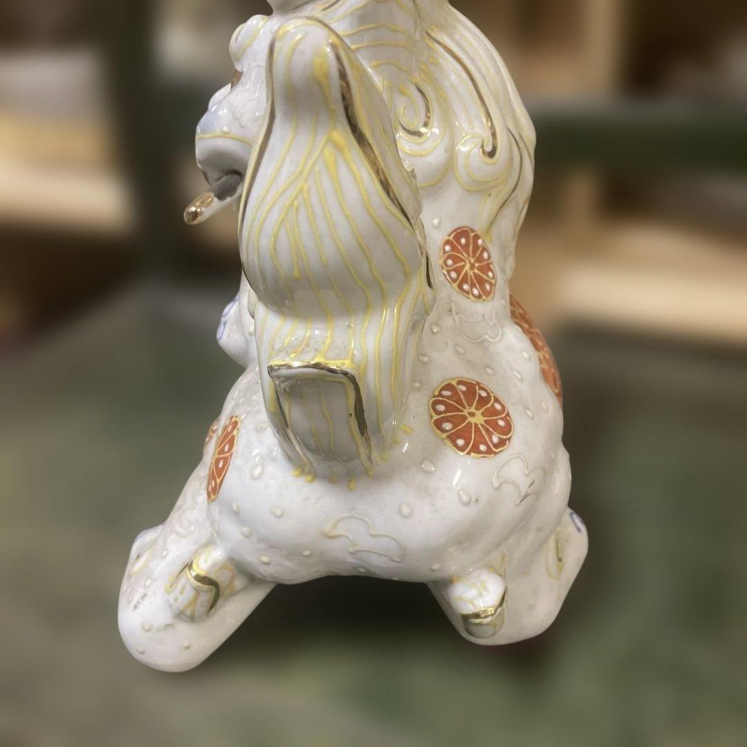 玉乗り獅子　ホワイトベース　刀を咥えた獅子　昭和アンティーク　骨董