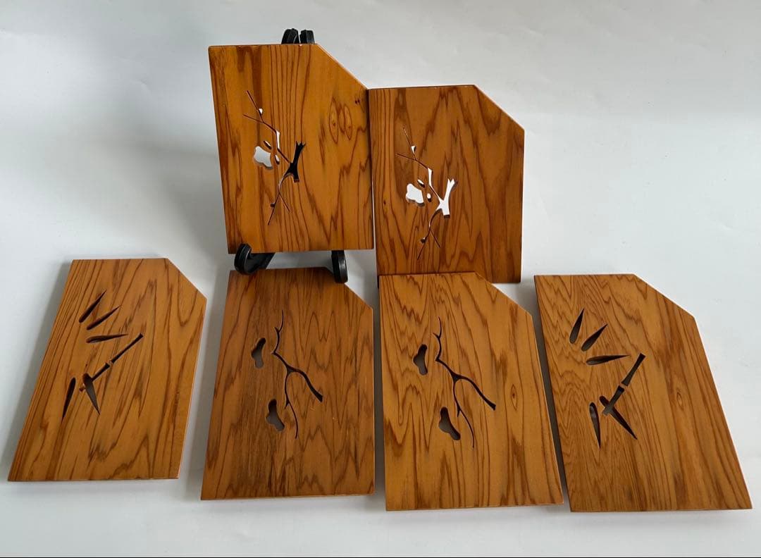 未使用　銘木 屋久杉 銘々皿 切り抜きデザイン 絵変わり　6枚セット