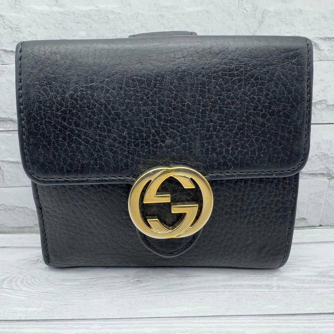 GUCCI　インターロッキング　二つ折り財布　ブラック　レザー