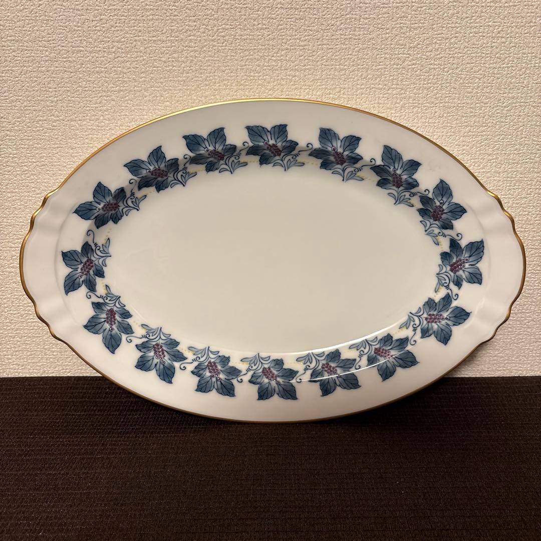 大倉陶園　金彩草花絵　呉須　手描き　オーバルプレート　Mサイズ　ディナープレート