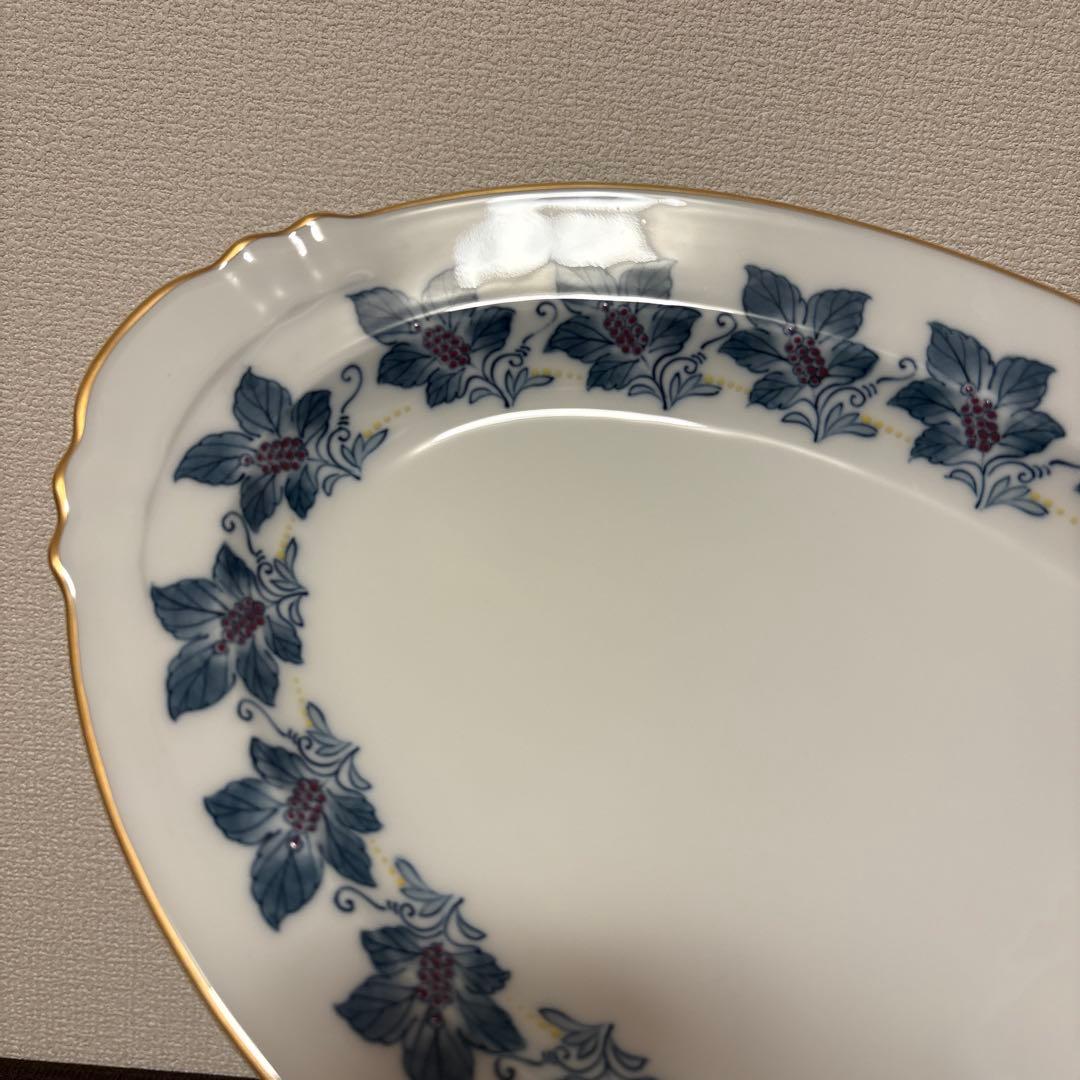 大倉陶園　金彩草花絵　呉須　手描き　オーバルプレート　Mサイズ　ディナープレート