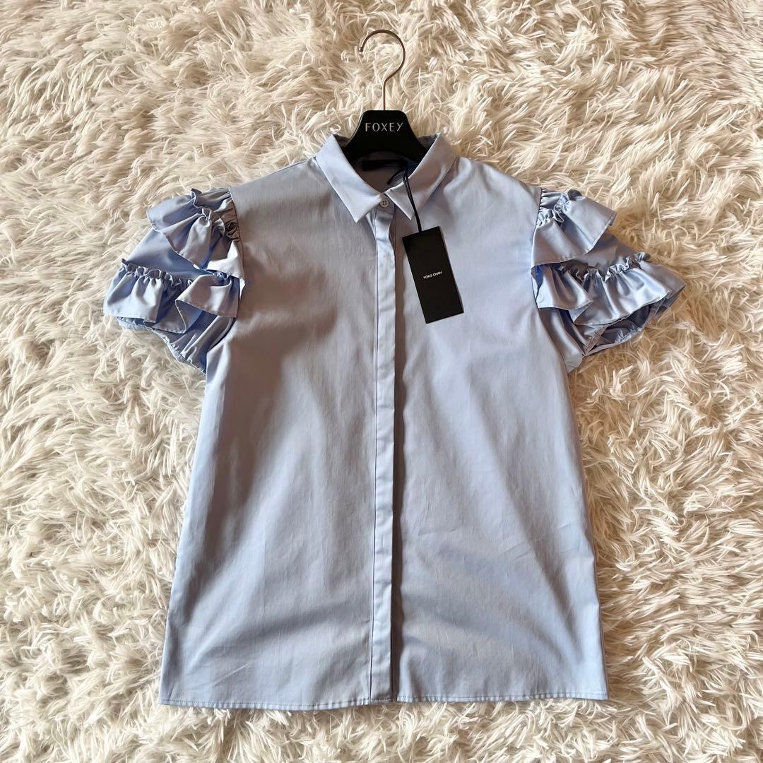 タグ付き✨ ヨーコチャン ラッフルトリムスリーブコットンブラウス SAX 近年