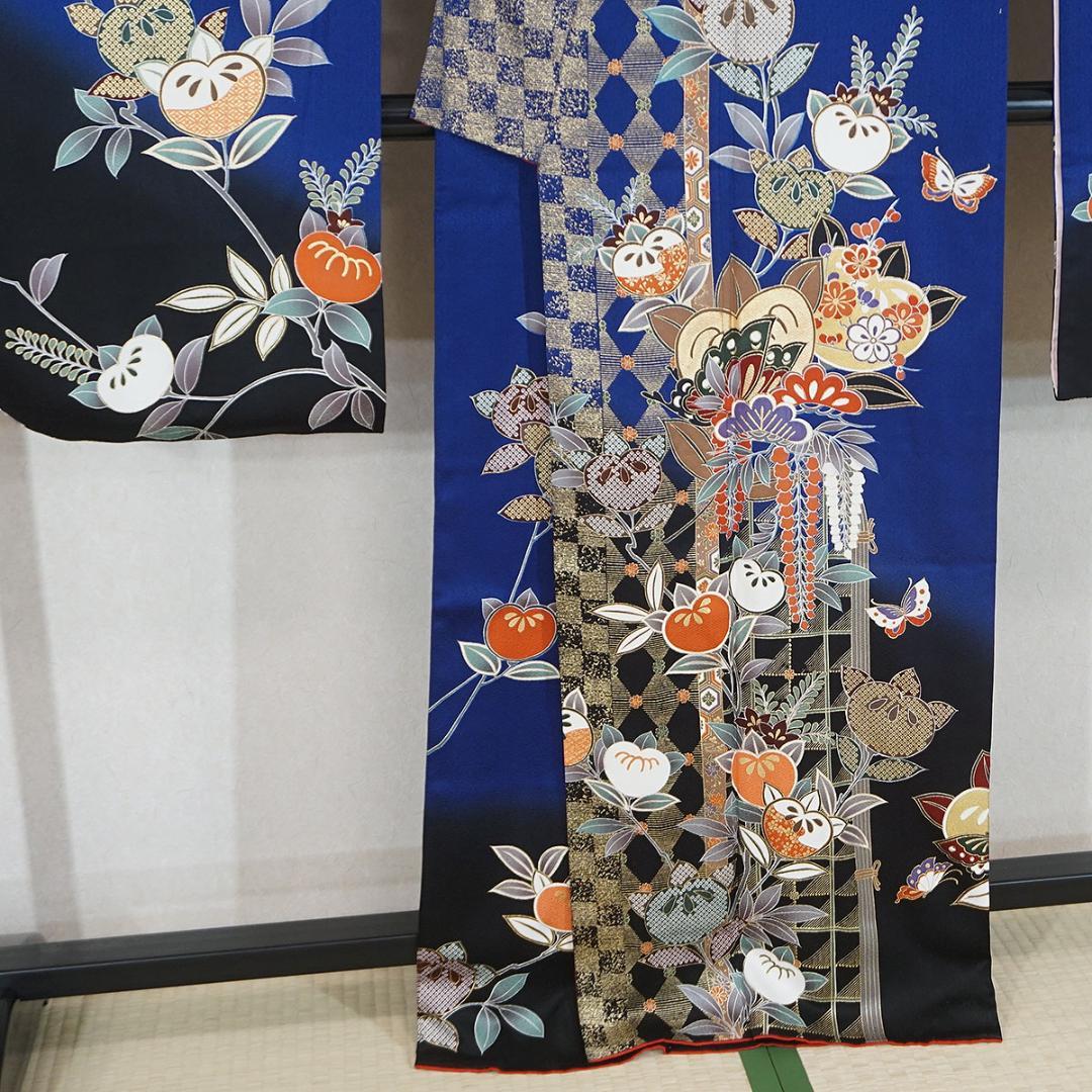 長じゅばん付き　正絹振袖　青　金彩友禅柄　165cm　a129