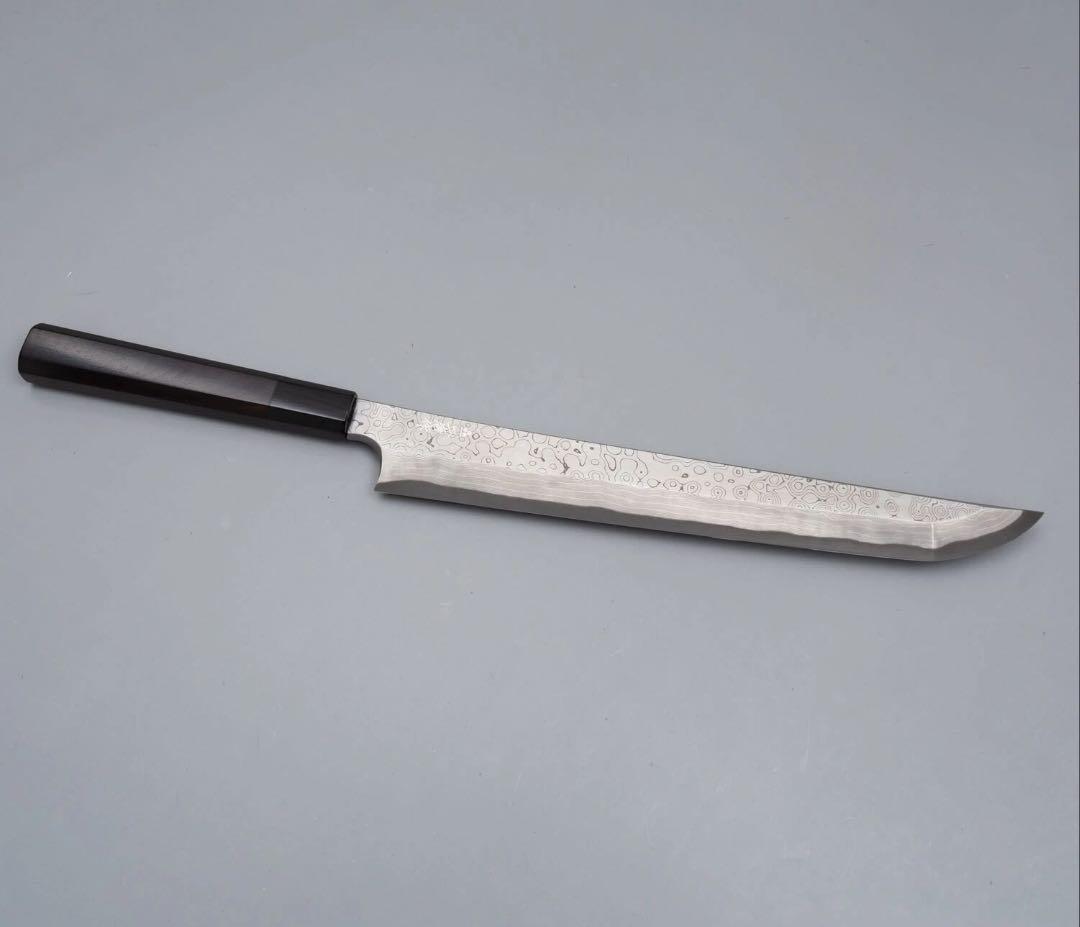 二唐刃物　暗紋ダマスカス黒槌目　青二先丸柳刃300