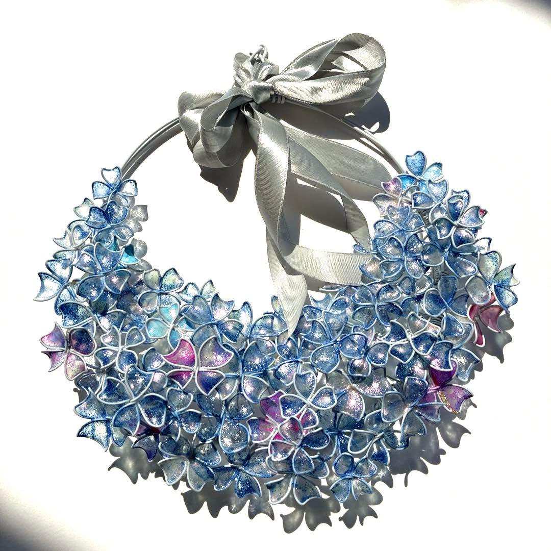一点物　涼しげなブルー紫陽花リース　ワイヤークラフト　ディップアート　アート