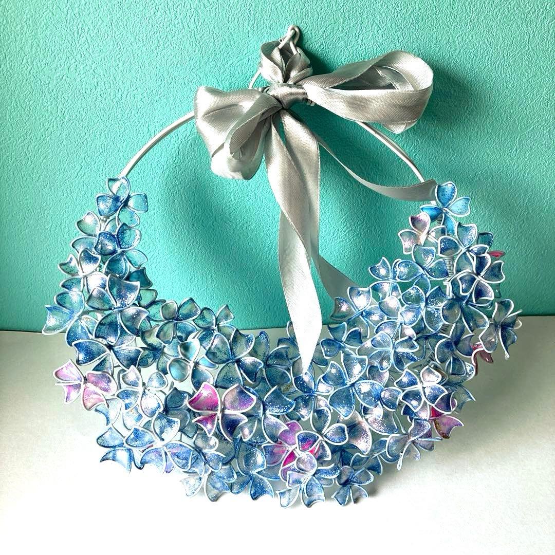 一点物　涼しげなブルー紫陽花リース　ワイヤークラフト　ディップアート　アート
