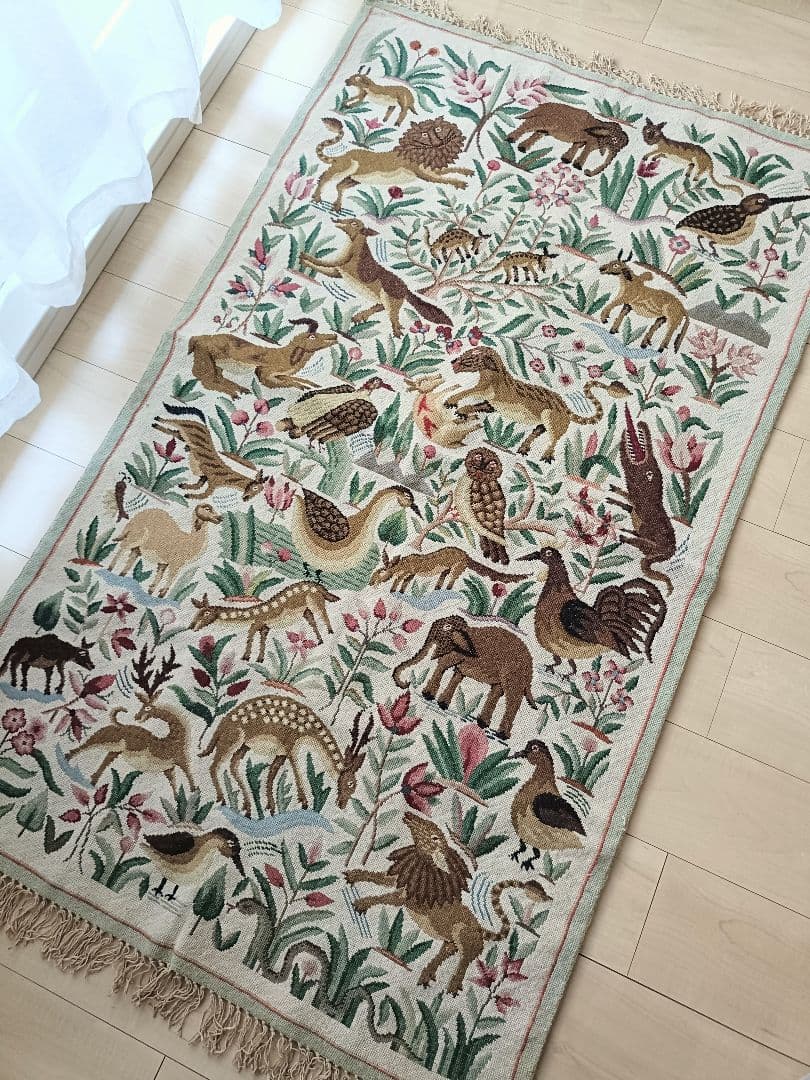 アンティークリネン 動物 アニマル ラグ タペストリー ゴブラン インテリア