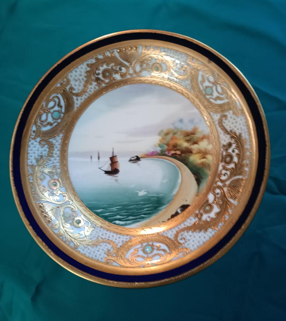【オールドノリタケ】　金盛ジュール藍線帯帆船風景紋図　コンポート