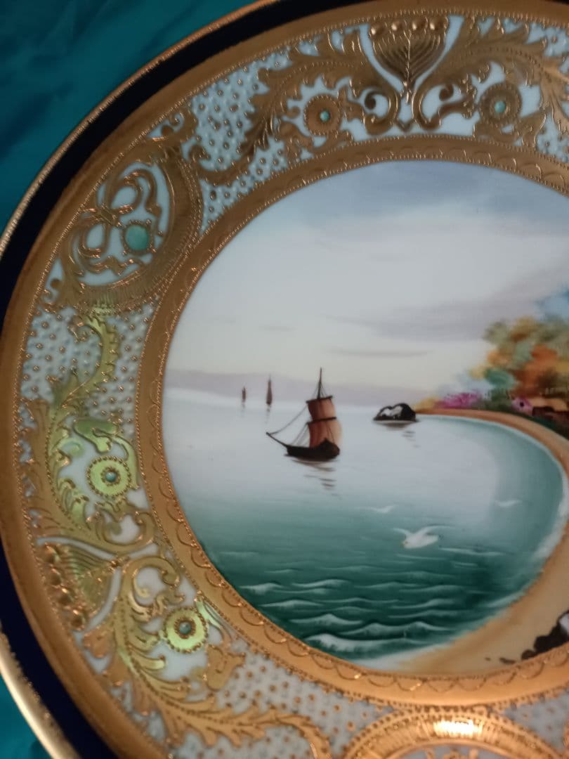 【オールドノリタケ】　金盛ジュール藍線帯帆船風景紋図　コンポート