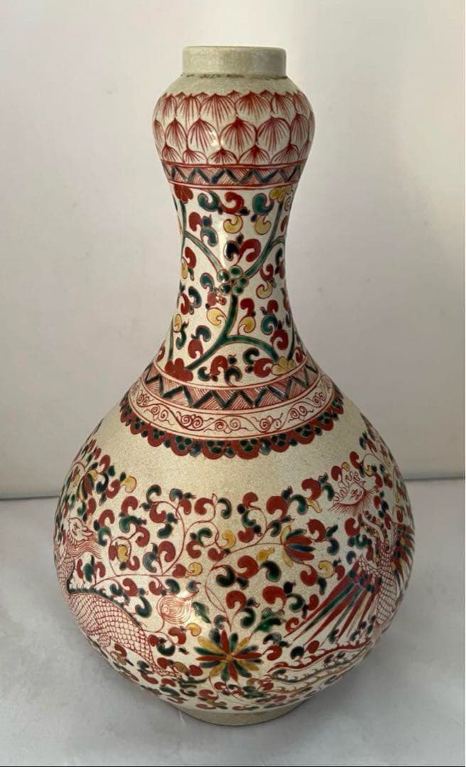 中国古美術•明時代五彩鳳凰花卉文蒜頭瓶•麒麟図•大明嘉靖年製在銘/共箱/陶器花瓶