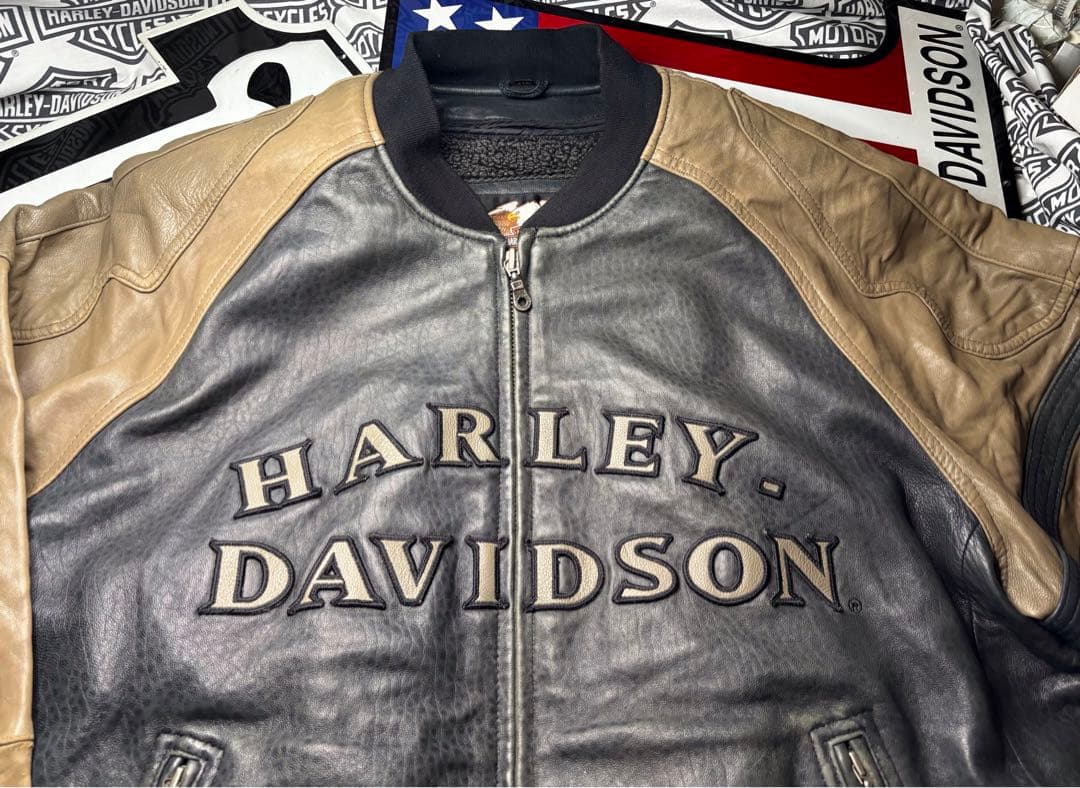 ハーレーダビッドソン 前後革刺繍ロゴ⭐️レアなラム本革製ジャケット脱着ボアライナー