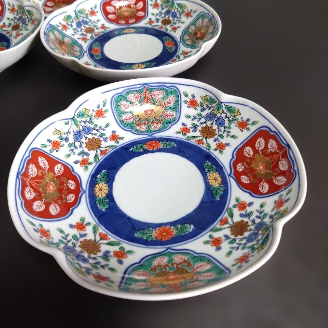 未使用 有田焼 賞美堂 其泉 染錦 中皿　5枚　銘々皿　輪花皿　金彩 古伊万里