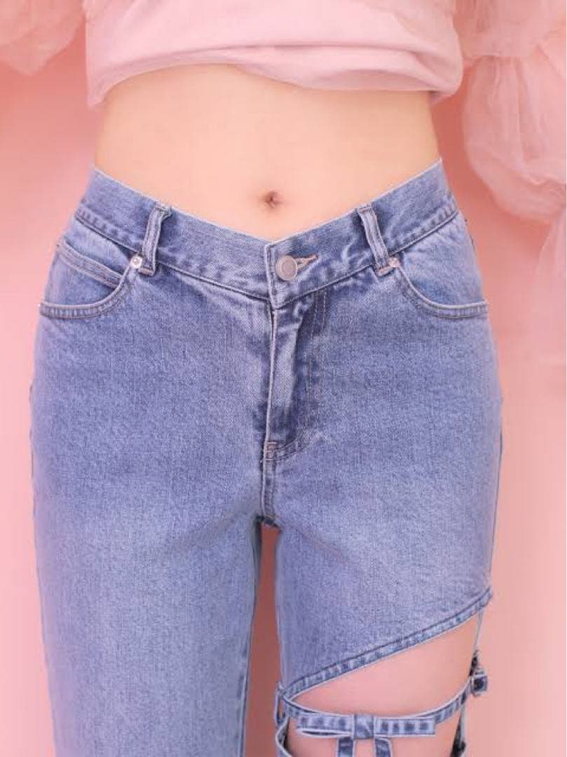 mmeeme エムミーエメ Vラインウエストリボンフレアデニム XS