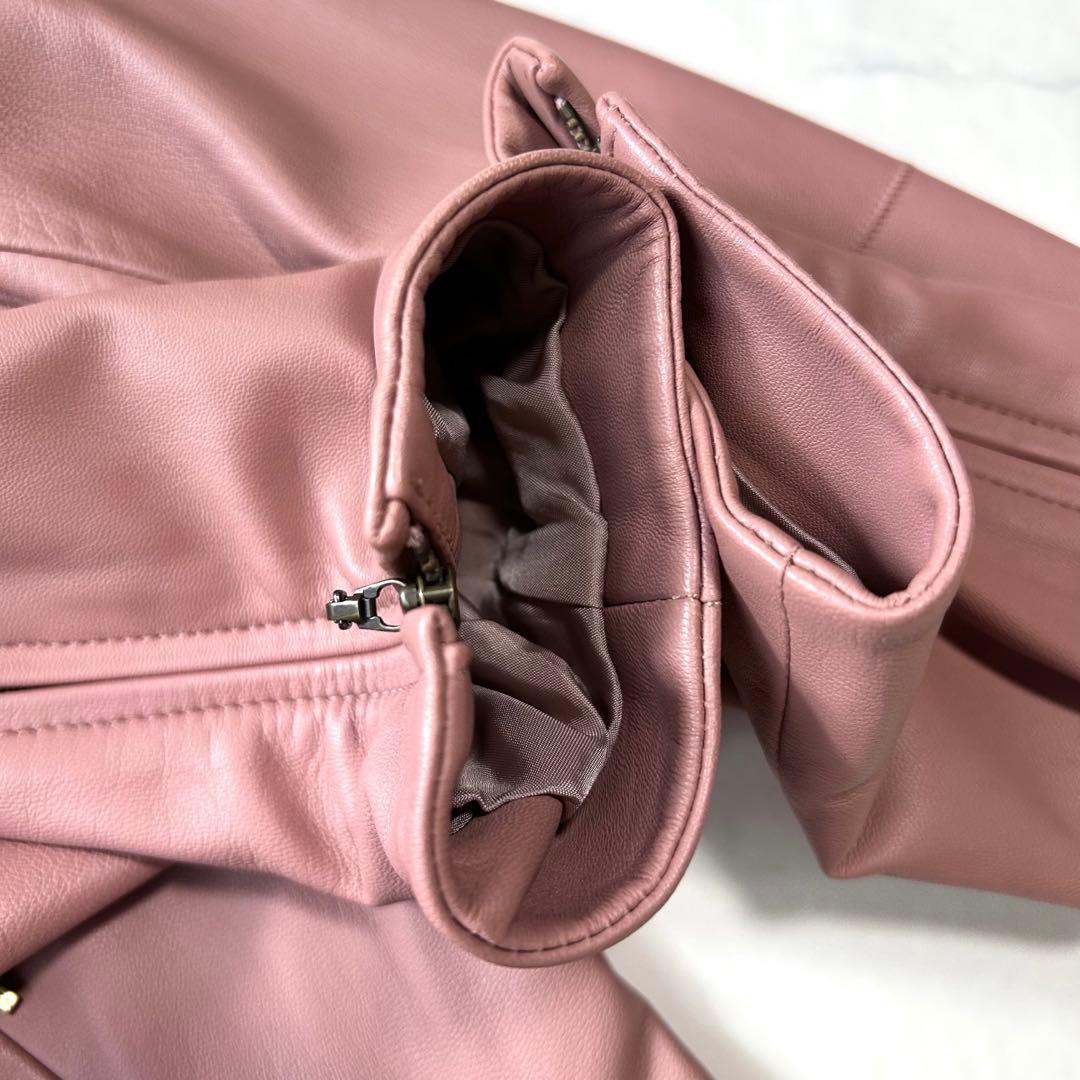 美品 エポカ EPOCA ラムレザー ノーカラーレザージャケット くすみピンク