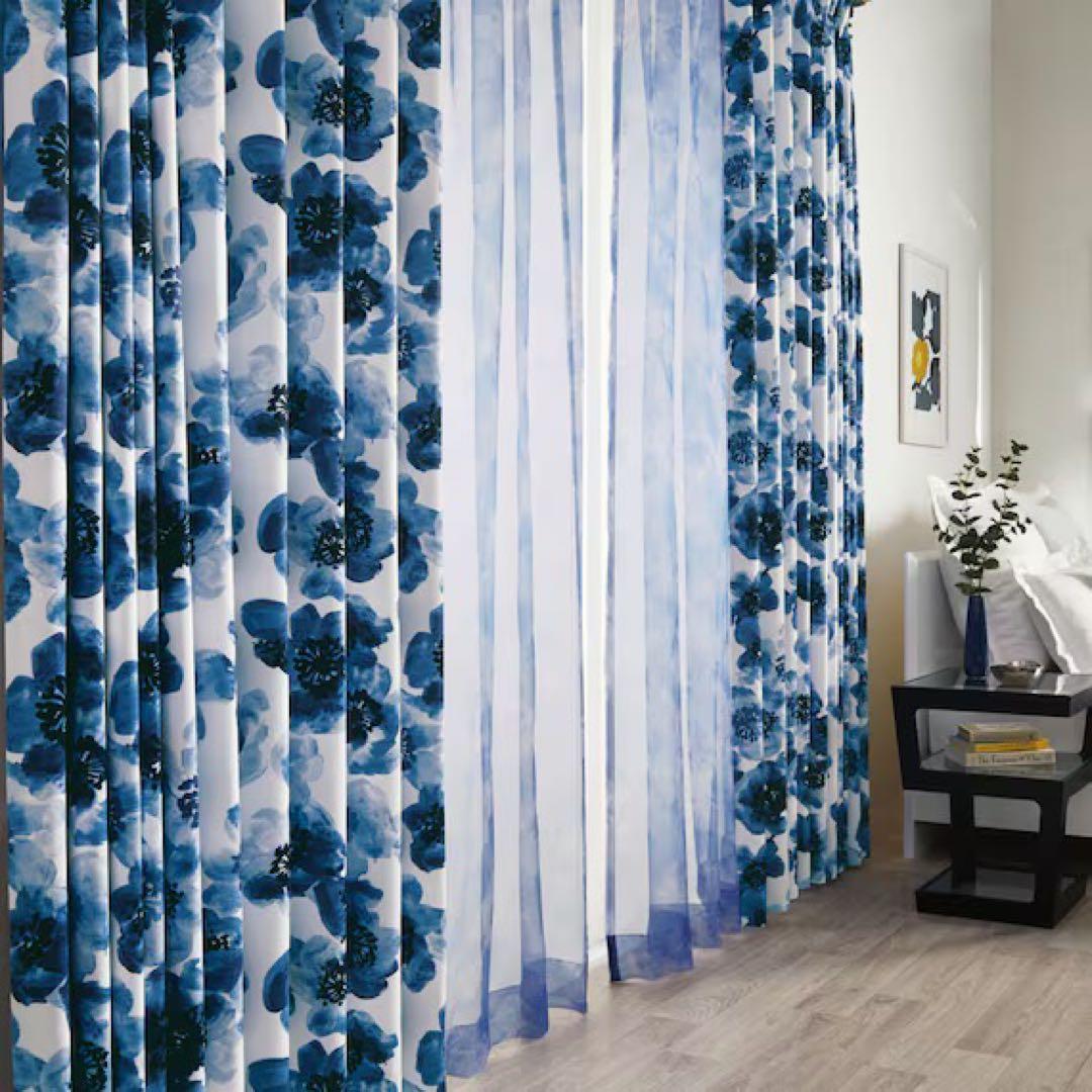 8枚セット 遮光2級オーダーカーテン ガゼット ブルー 青白 花柄カーテン