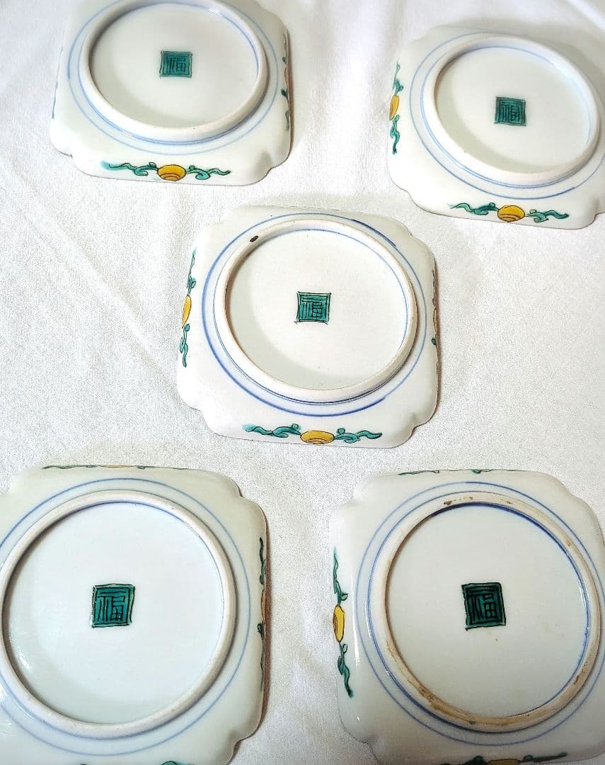 美品　九谷焼 ツバメの絵皿 5枚セット 角皿　角福 松寿堂造 竹林に燕図　色絵