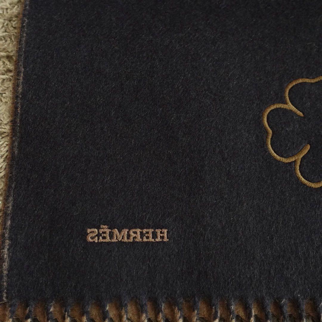 極美品✤エルメス マフラー フラワーモチーフブラウン×ネイビー ユニセックス