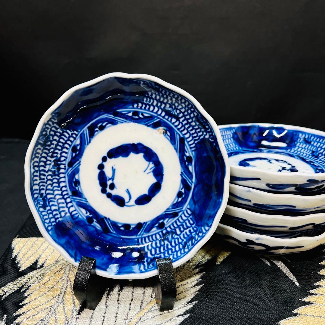 有田焼　古伊万里　染付　深皿　5客　江戸時代　時代物