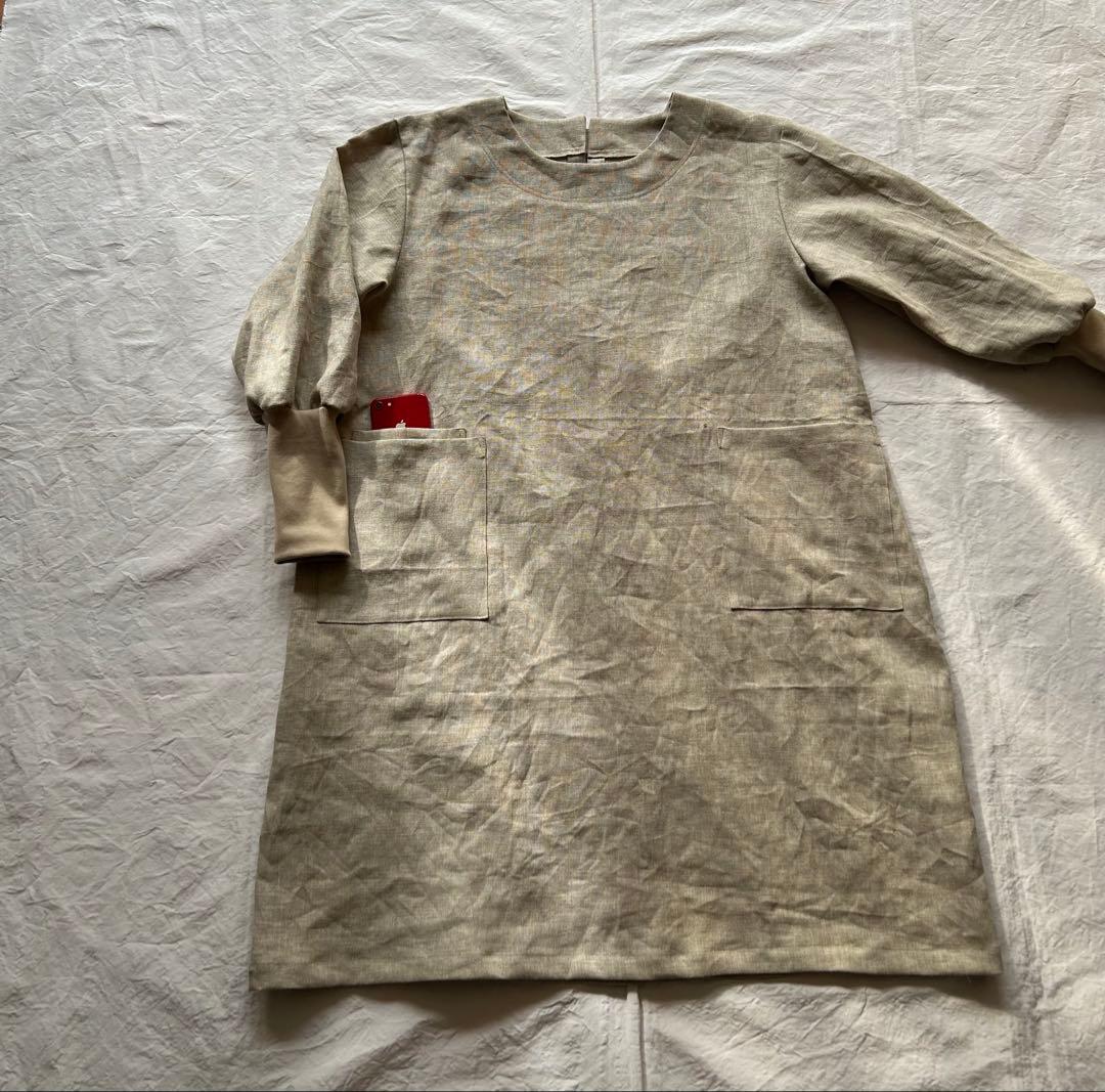 【さくらページlinen】しっかりめ 亜麻色＊リブ袖口ゆったり割烹着ワンピ