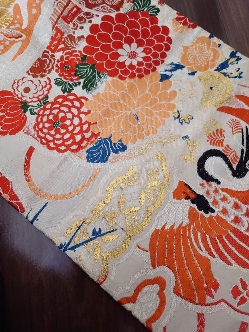 正絹袋帯からの作り帯　文庫結び　アンティーク　七五三ジュニア帯　鶴