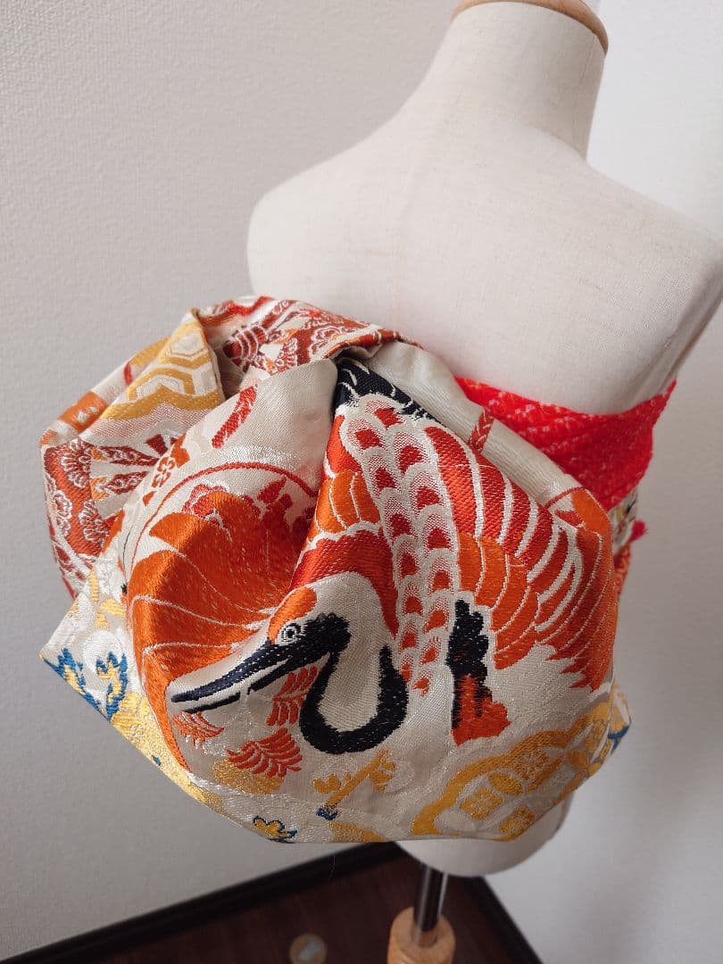 正絹袋帯からの作り帯　文庫結び　アンティーク　七五三ジュニア帯　鶴