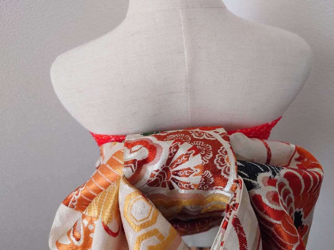 正絹袋帯からの作り帯　文庫結び　アンティーク　七五三ジュニア帯　鶴