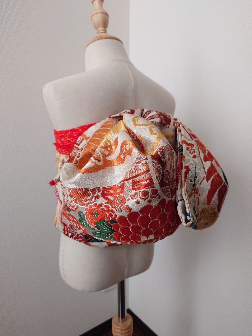 正絹袋帯からの作り帯　文庫結び　アンティーク　七五三ジュニア帯　鶴