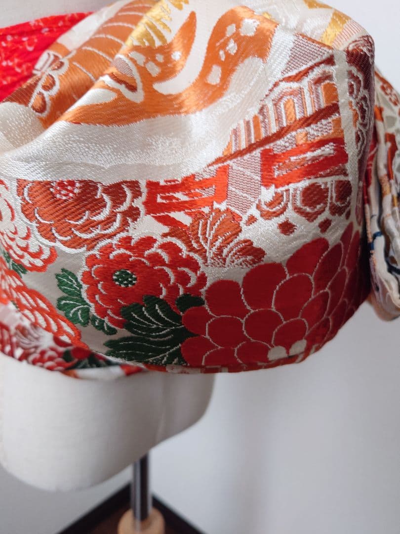 正絹袋帯からの作り帯　文庫結び　アンティーク　七五三ジュニア帯　鶴