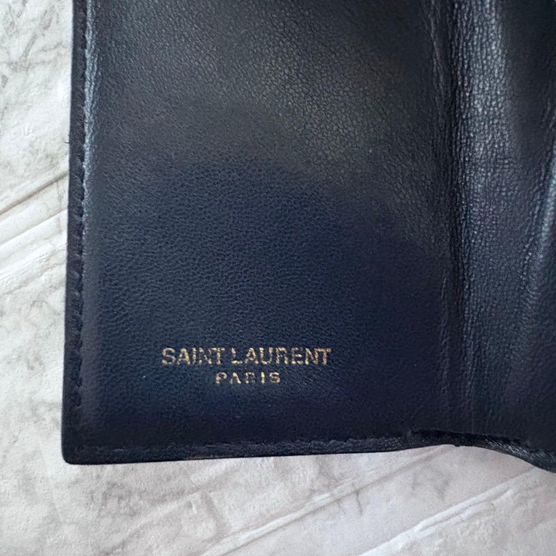 YSL サンローラン ネイビー レザー 三つ折り財布 ゴールドロゴ
