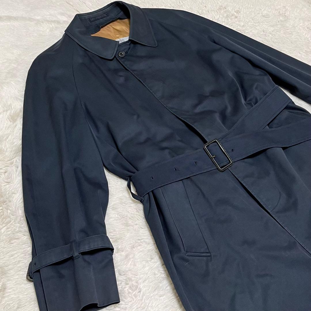 メンズ　アクアスキュータム　ステンカラーコート　ベルト　ライナー　チェック　紺