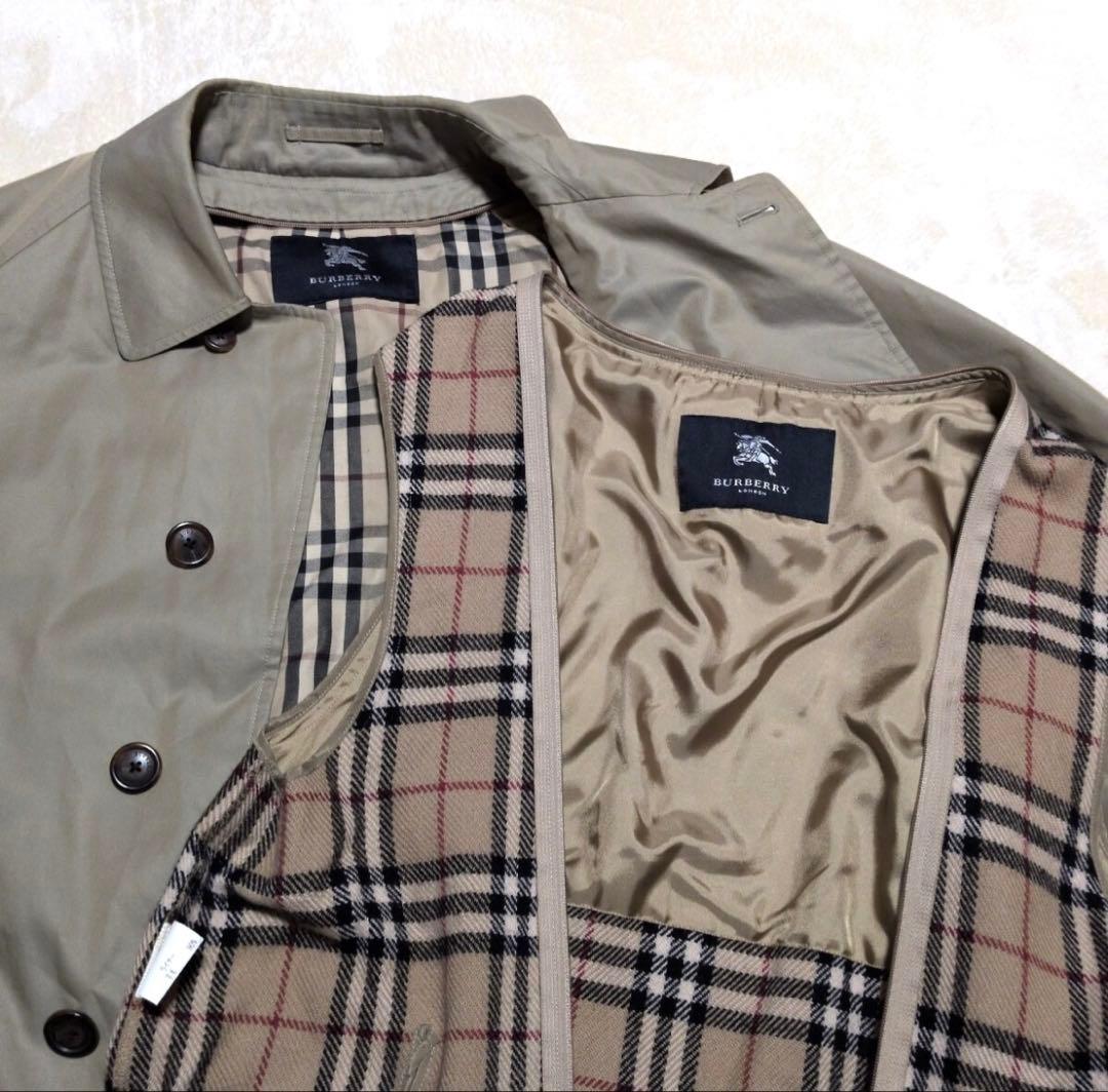 美品バーバリーズロンドンステンカラーコートノバチェック ライナー 玉虫カーキ色