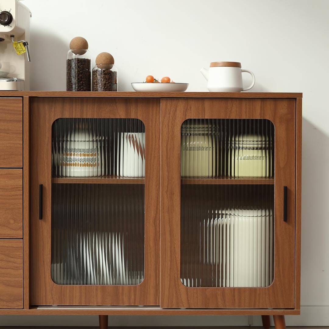 【新品】大容量サイドボード 引き戸付き おしゃれ 北欧木目 収納チェスト