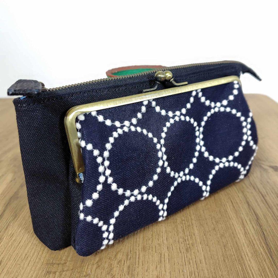 ミナペルホネン/タンバリンネイビー×白/がま口お財布ポシェットmina-