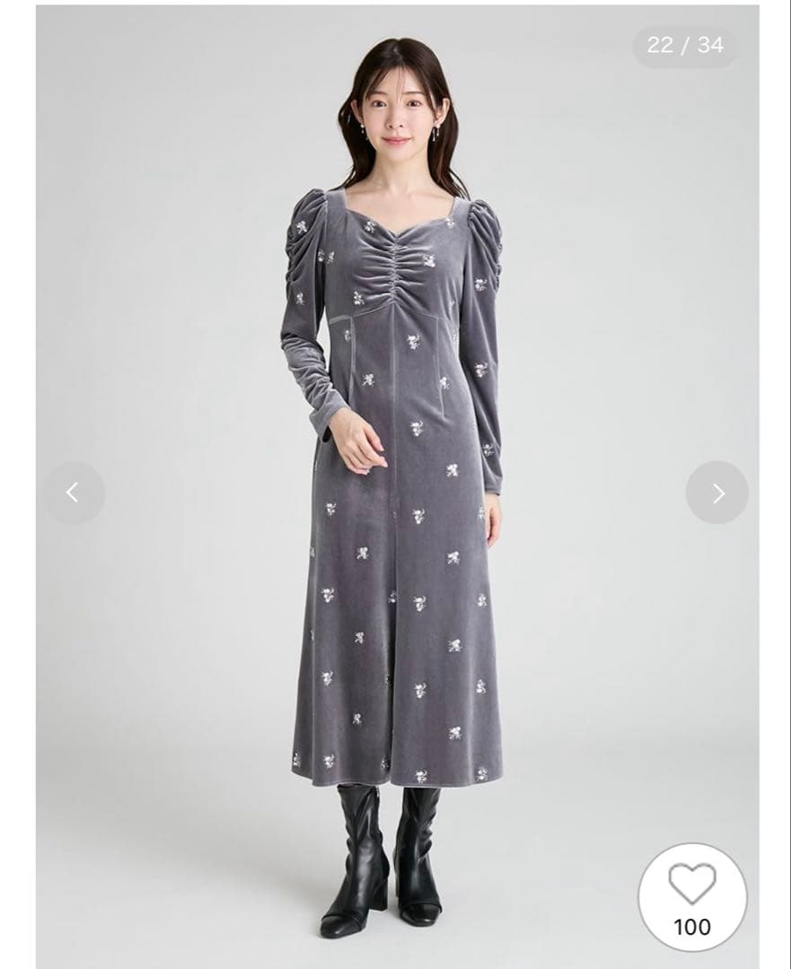 CELFORD 花柄刺繍 ベロアワンピース GRY 36