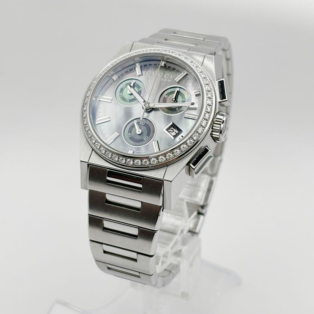 美品　グッチ　シェル文字盤　ダイヤベゼル　メンズ腕時計　パンテオン　クロノグラフ