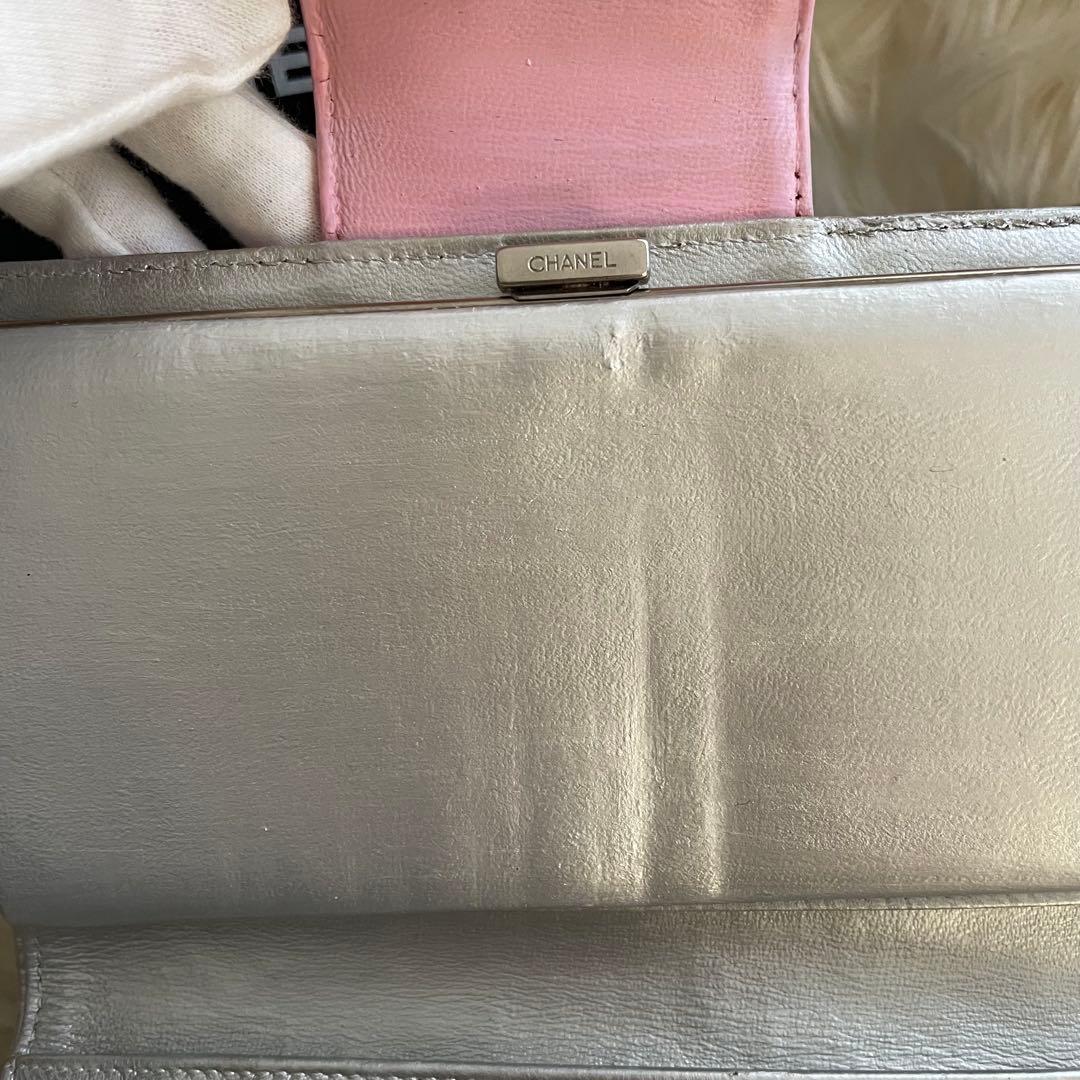 CHANEL シャネル アイコンライン 二つ折り財布 ピンク がま口 シルバー