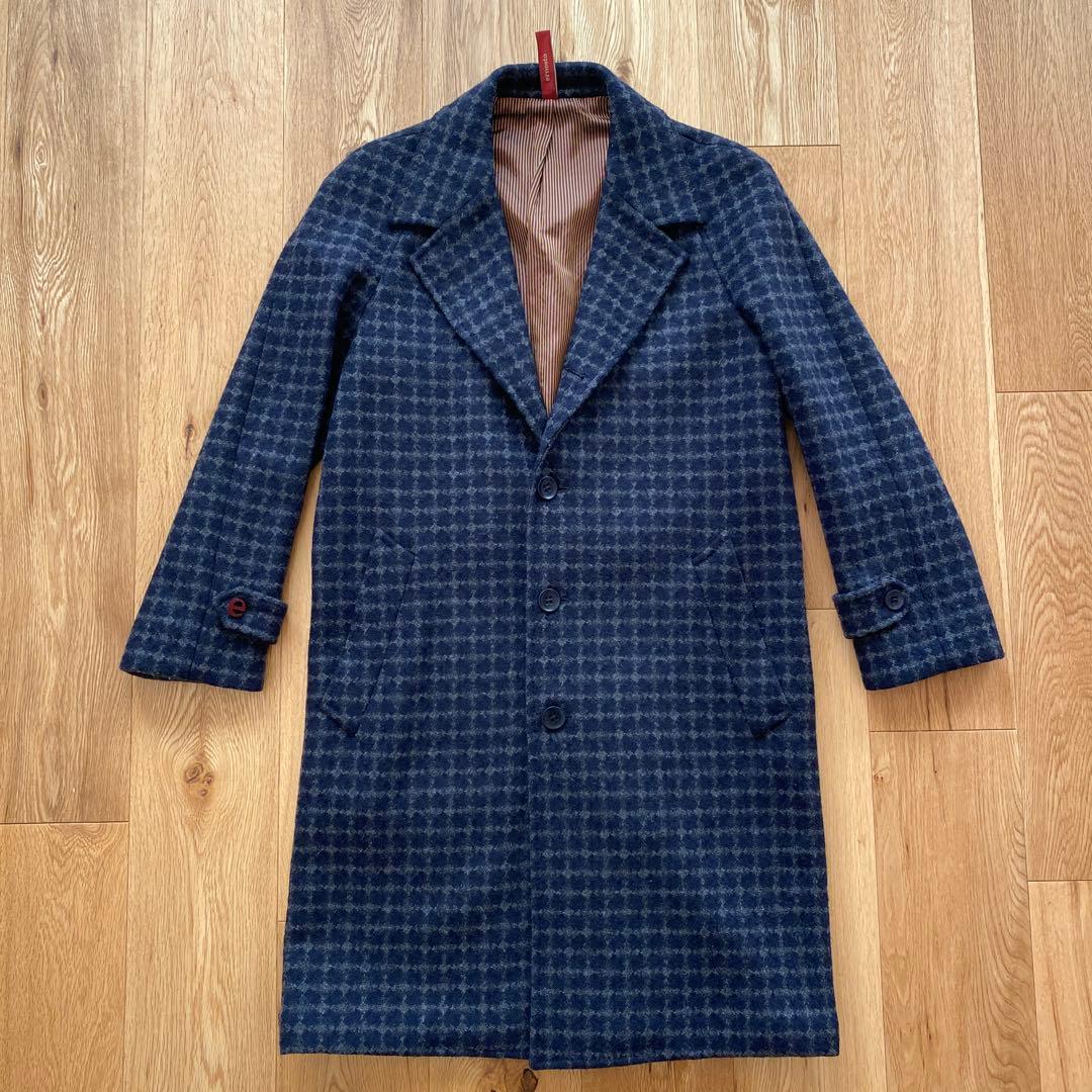 ERNESTO ネイビー×グレー ウールステンカラーコート S 44 ラグラン